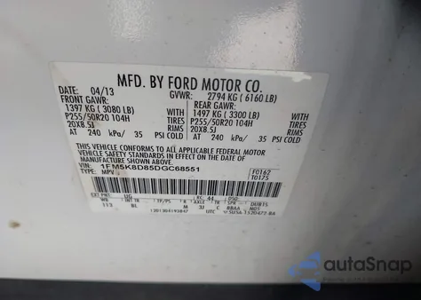 2013 Ford Explorer Xlt from USA, damaged, VIN 1FM5K8D85DGC68551
